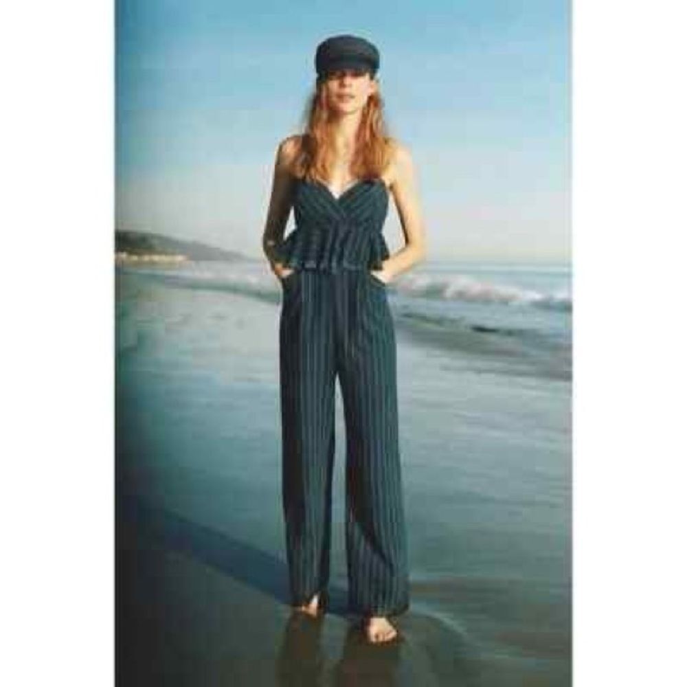  Anthropologie Ett:TWA Striped Denim Peplum Waist Wide Leg Jumpsuit XS NWOT